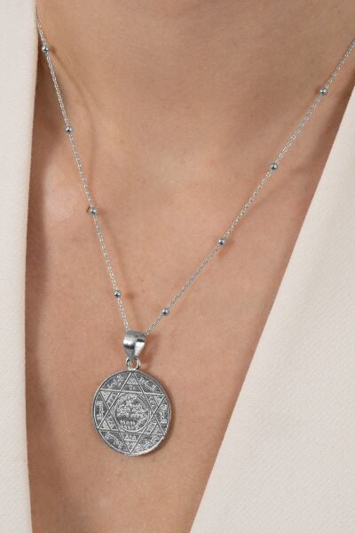 925 ayar gümüş rodyumlu yaldızlı top top zincirli Hz. Süleyman mührü kolye SGTL13136RODAJ