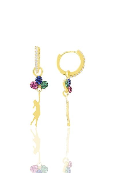 Gümüş altın yaldızlı zirkon taşlı balonlu kız gümüş küpe SGTL10606GOLD