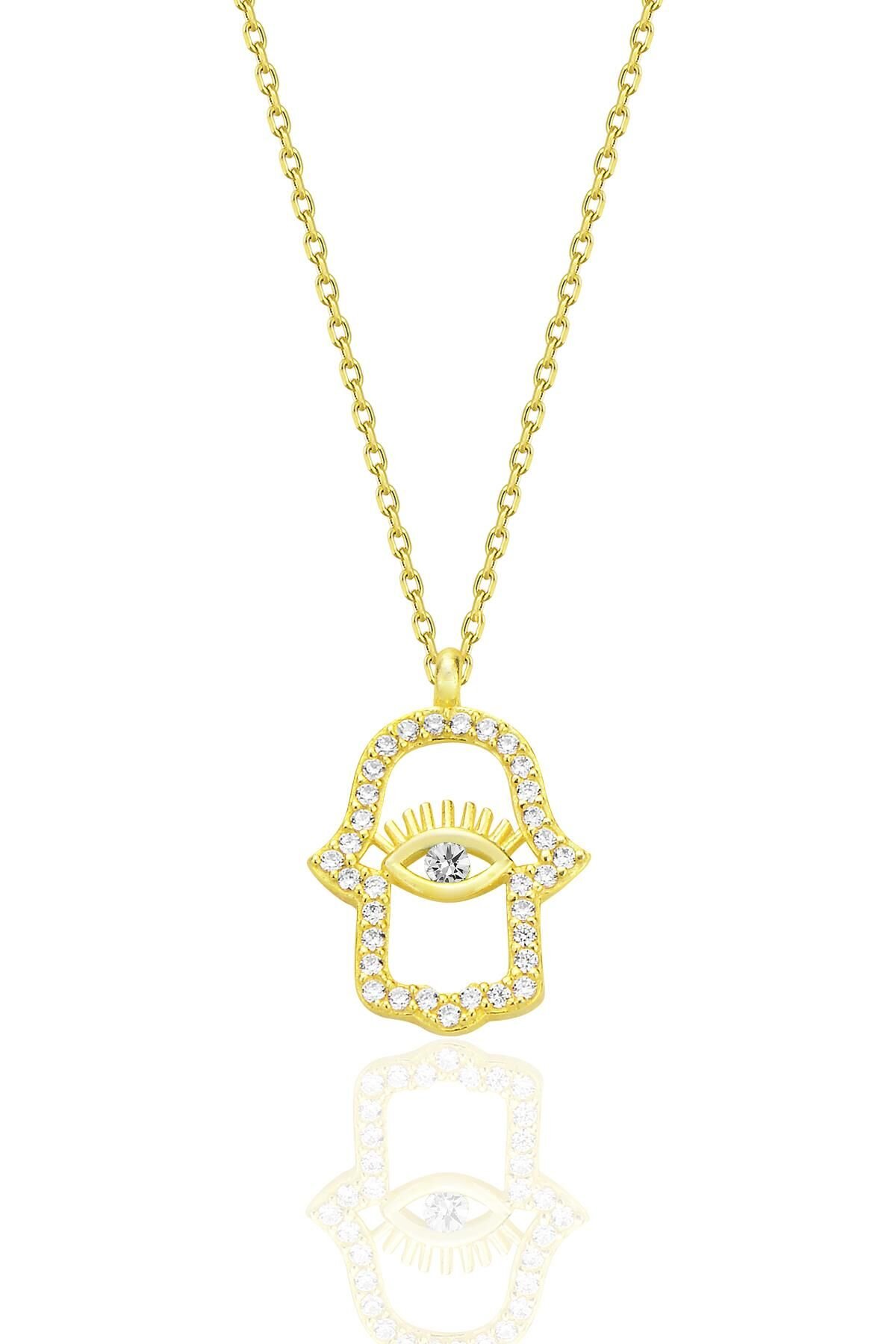 Gümüş altın yaldızlı zirkon taşlı koruyucu hamsa el kolye SGTL12670GOLD