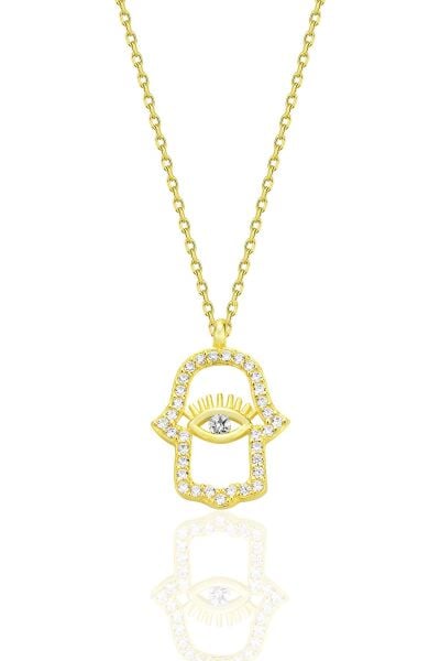 Gümüş altın yaldızlı zirkon taşlı koruyucu hamsa el kolye SGTL12670GOLD