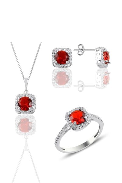 Gümüş rodyumlu kırmızı taşlı kare üçlü set SGTL10762KIRMIZI