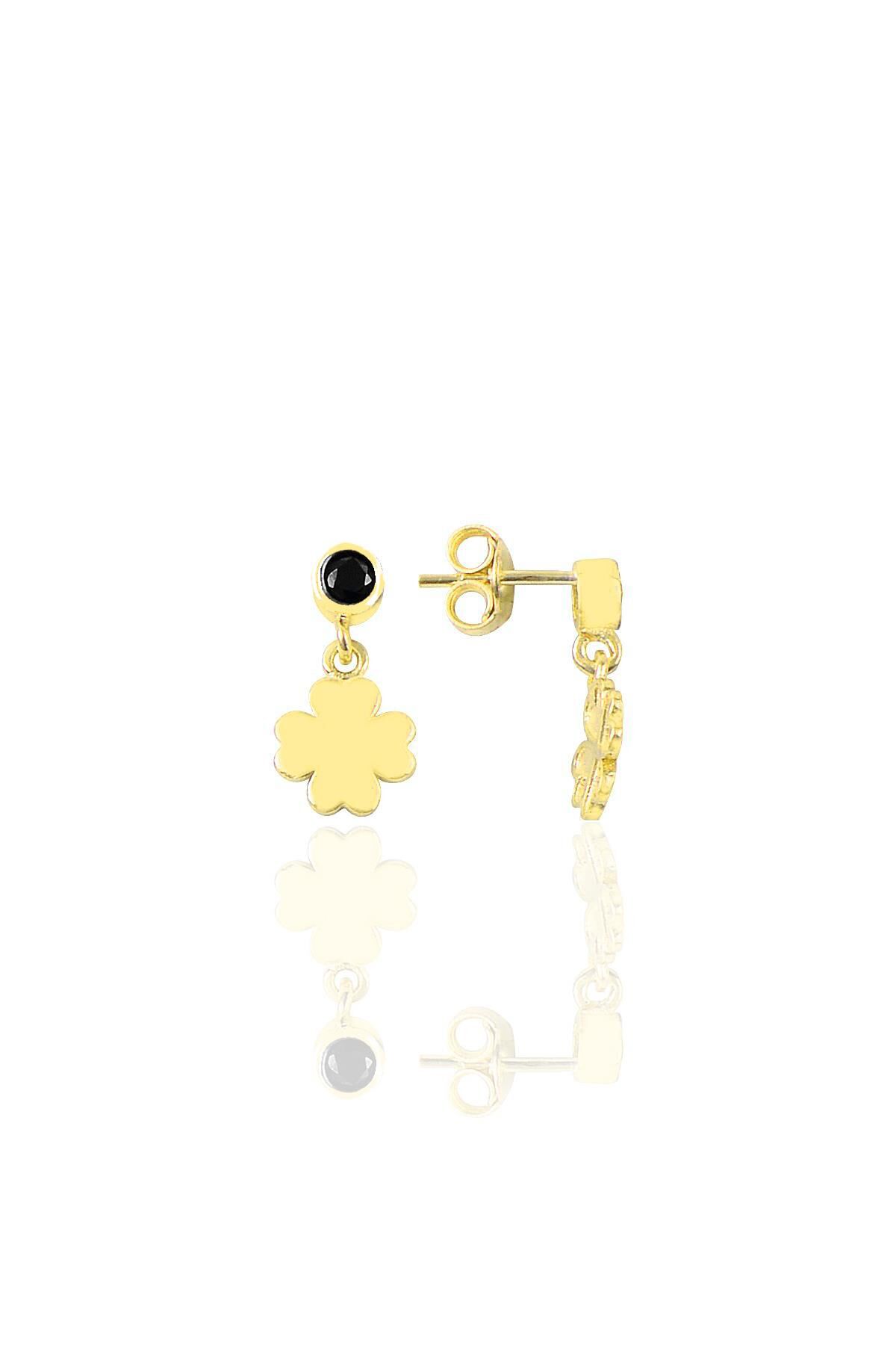 Gümüş altın yaldızlı onix taşlı şanslı yonca küpe SGTL12620GOLD