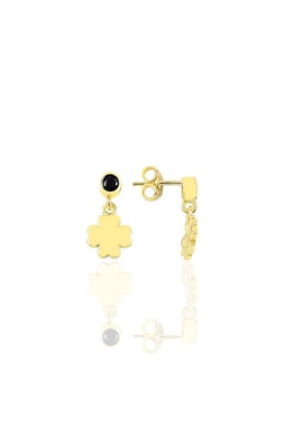 Gümüş altın yaldızlı onix taşlı şanslı yonca küpe SGTL12620GOLD