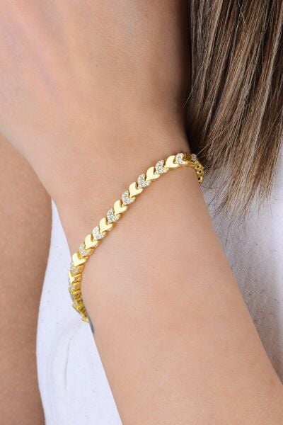 Gümüş altın yaldızlı zirkon taşlı yaprak yolu bileklik SGTL12899GOLD