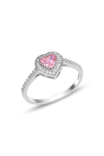 Işıklı kutuda Gümüş Rodyumlu Pırlanta Modeli Pembe Taşlı Kalp Yüzük SGTL12297PEMBE
