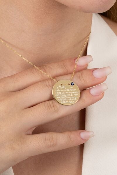 925 ayar gümüş kolye altın yaldızlı Ayetel Kürsi yazılı nazarlı büyük boy plaka kolye SGTL13138GOLD