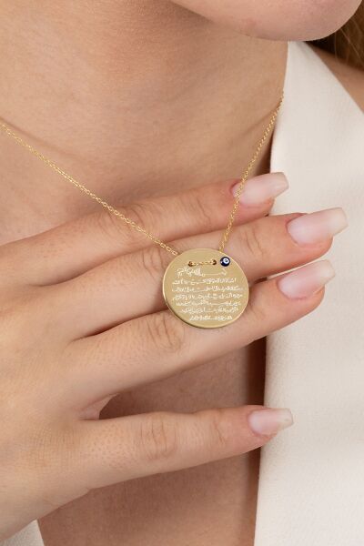 925 ayar gümüş kolye altın yaldızlı Ayetel Kürsi yazılı nazarlı büyük boy plaka kolye SGTL13138GOLD