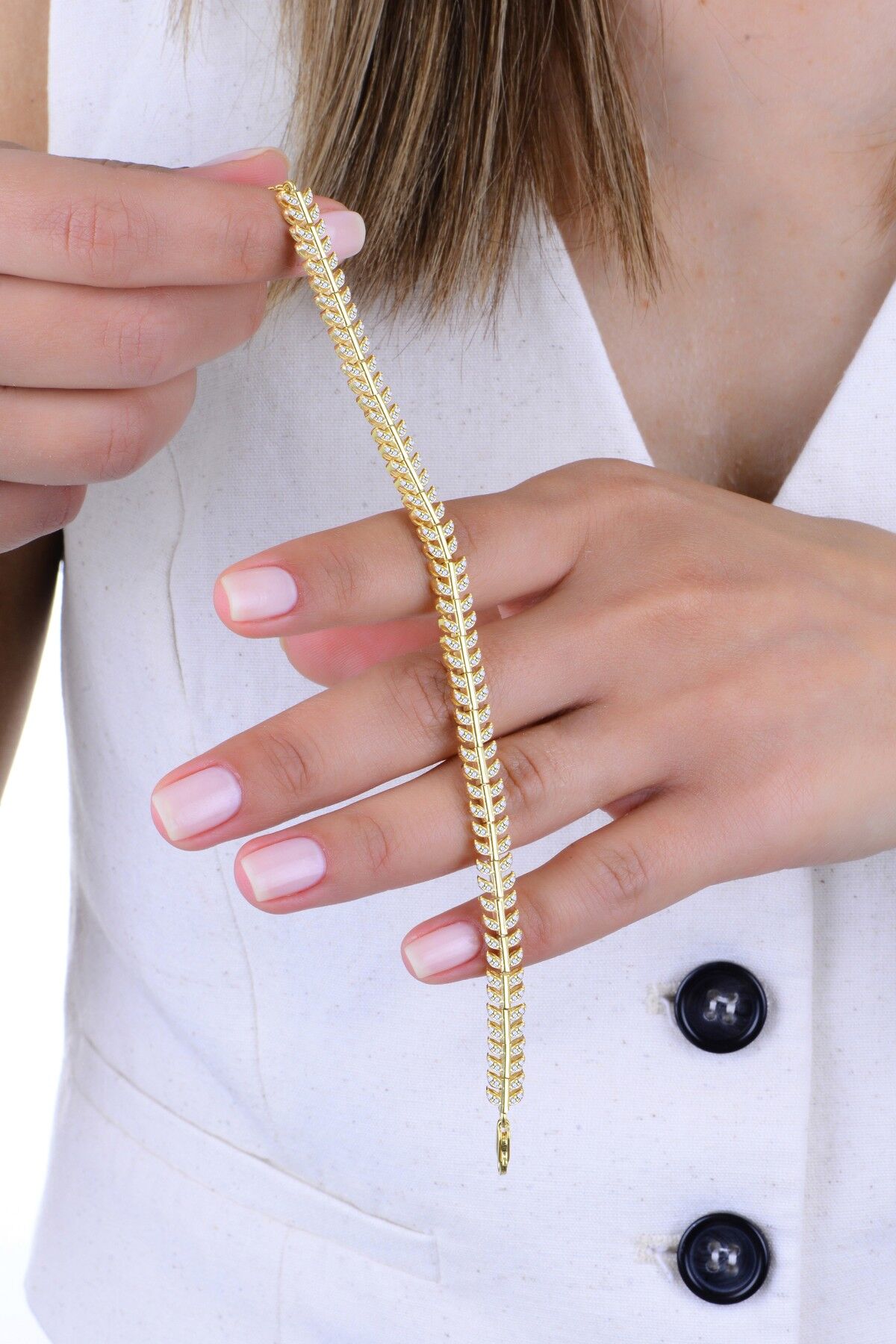 Gümüş altın yaldızlı zirkon taşlı balık sırtı bileklik SGTL12900GOLD