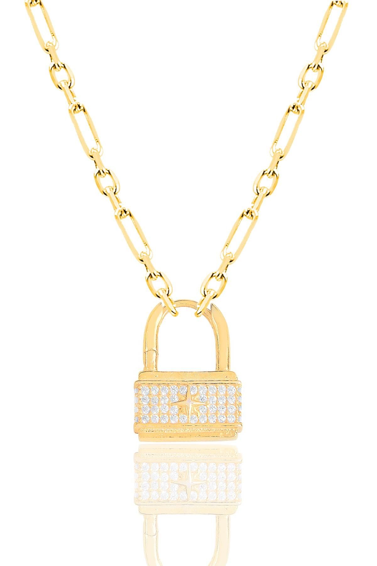 Gümüş altın yaldızlı zirkon taşlı figaro zincirli kilit kolye SGTL12141GOLD