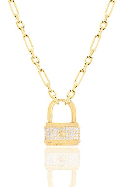 Gümüş altın yaldızlı zirkon taşlı figaro zincirli kilit kolye SGTL12141GOLD