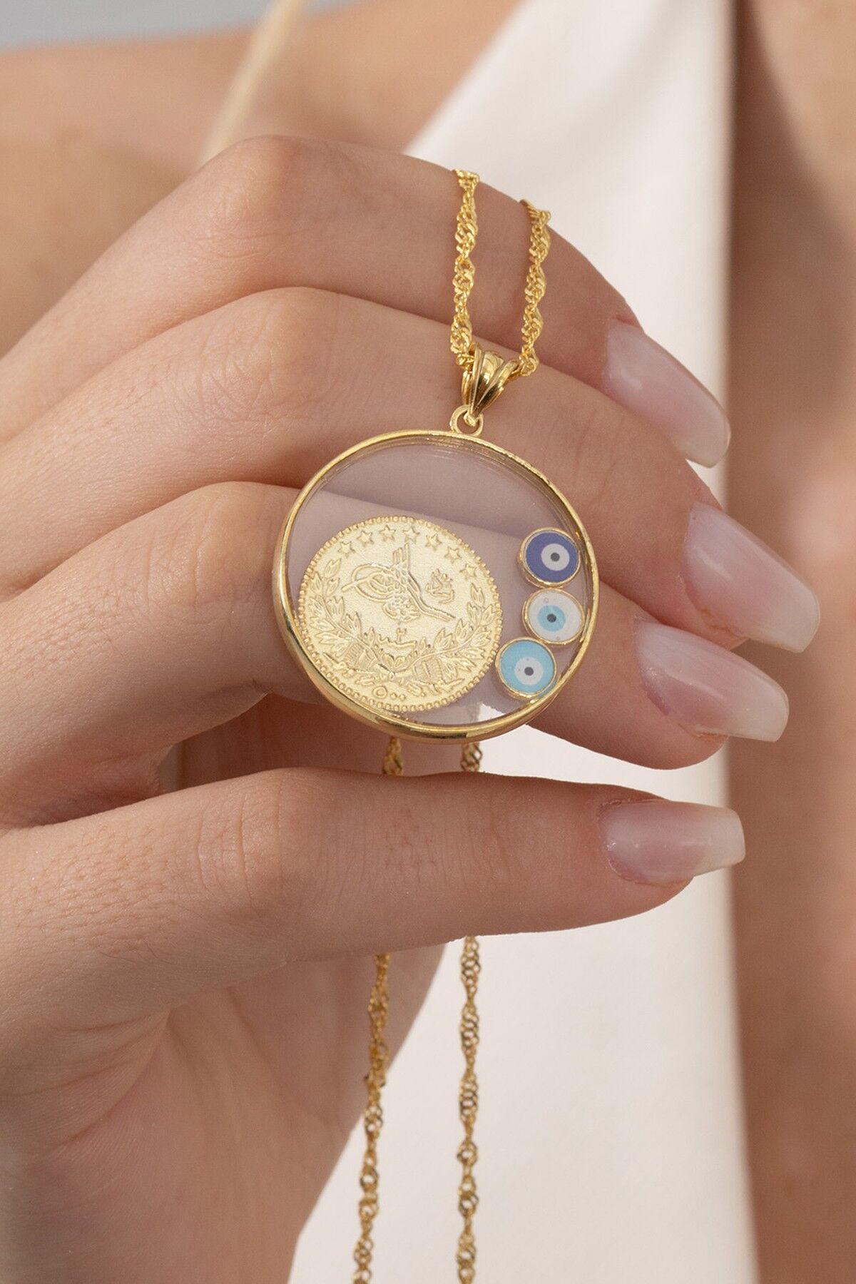 925 ayar gümüş kolye altın yaldızlı singapur zincirli nazarlı,çerçeveli, tuğralı, çeyrekli kolye SGTL13139GOLD