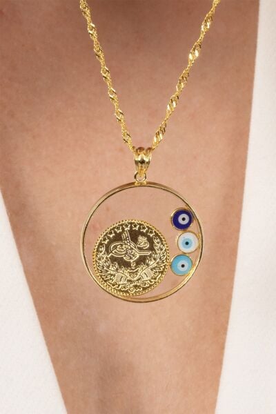 925 ayar gümüş kolye altın yaldızlı singapur zincirli nazarlı,çerçeveli, tuğralı, çeyrekli kolye SGTL13139GOLD