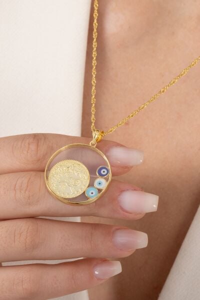 925 ayar gümüş kolye altın yaldızlı singapur zincirli nazarlı,çerçeveli, tuğralı, çeyrekli kolye SGTL13139GOLD