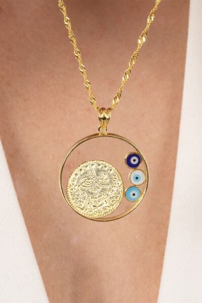 925 ayar gümüş kolye altın yaldızlı singapur zincirli nazarlı,çerçeveli, tuğralı, çeyrekli kolye SGTL13139GOLD