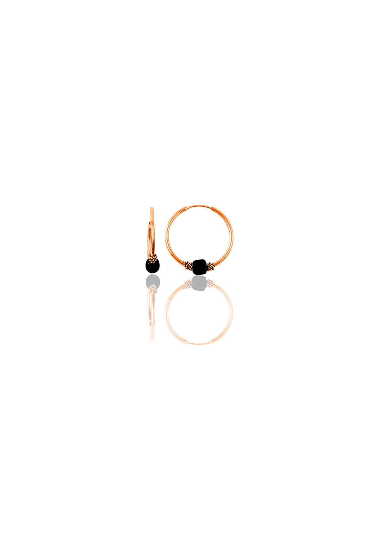 Gümüş rose 12 mm mini siyah taşlı halka küpe SGTL11284ROSE