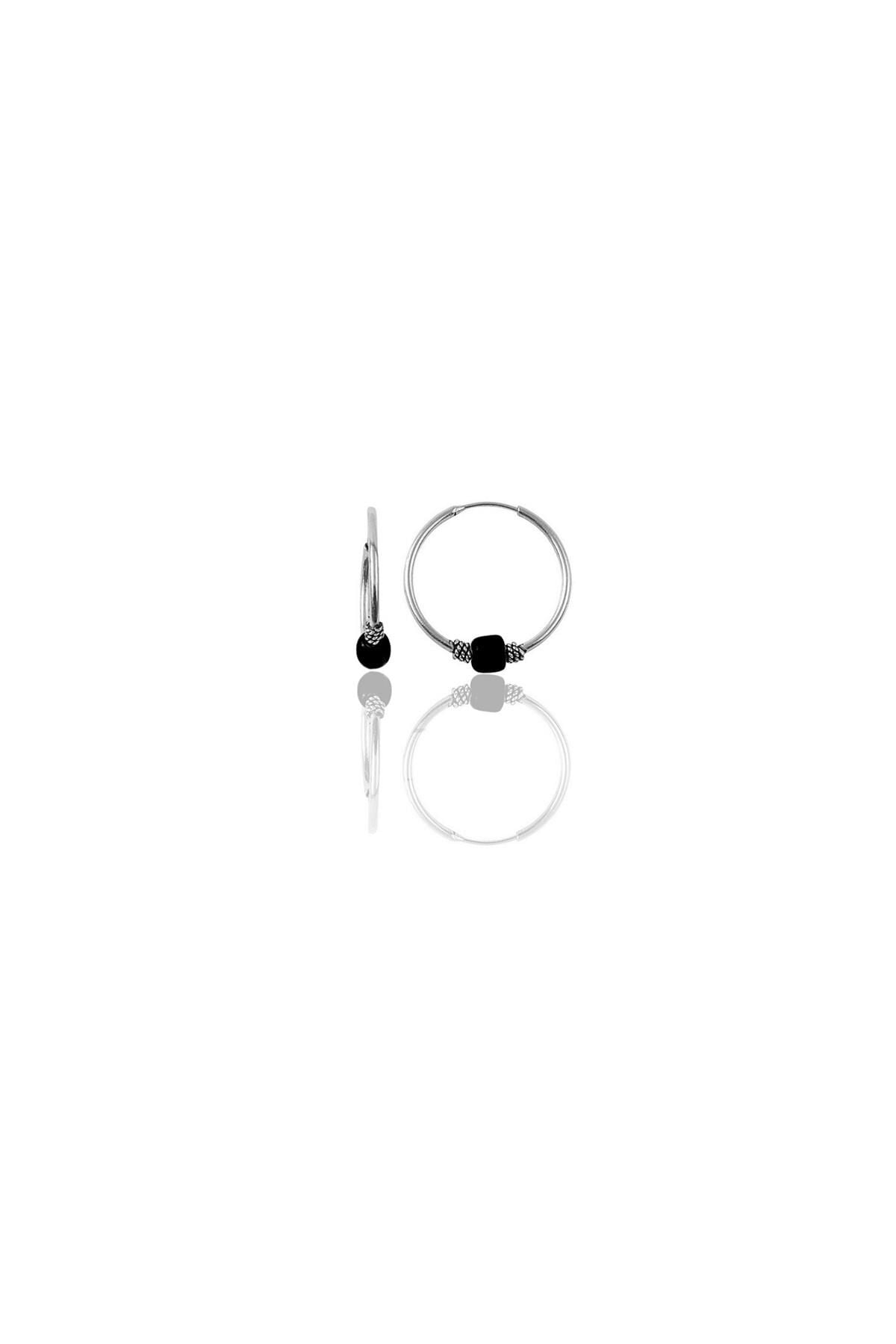 Gümüş 12 mm mini  siyah taşlı halka küpe SGTL11284RODAJ
