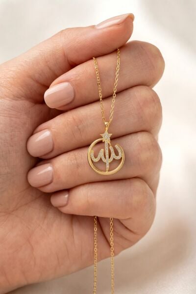 925 Ayar Gümüş Altın Kaplama Zirkon Taşlı Allah Yazılı Ay Yıldız Kadın Kolye SGTL13567GOLD