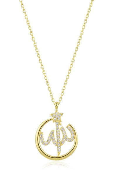 925 Ayar Gümüş Altın Kaplama Zirkon Taşlı Allah Yazılı Ay Yıldız Kadın Kolye SGTL13567GOLD