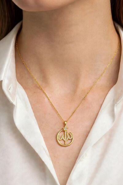 925 Ayar Gümüş Altın Kaplama Zirkon Taşlı Allah Yazılı Ay Yıldız Kadın Kolye SGTL13567GOLD