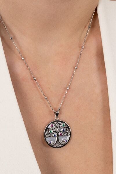 925 Ayar gümüş kolye hepsi top top zincirli rodyumlu sedef taşlı hayat ağacı tasarım kolye SGTL13141RODAJ