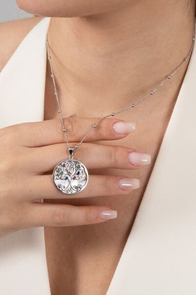 925 Ayar gümüş kolye hepsi top top zincirli rodyumlu sedef taşlı hayat ağacı tasarım kolye SGTL13141RODAJ