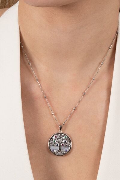 925 Ayar gümüş kolye hepsi top top zincirli rodyumlu sedef taşlı hayat ağacı tasarım kolye SGTL13141RODAJ