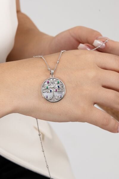 925 Ayar gümüş kolye hepsi top top zincirli rodyumlu sedef taşlı hayat ağacı tasarım kolye SGTL13141RODAJ