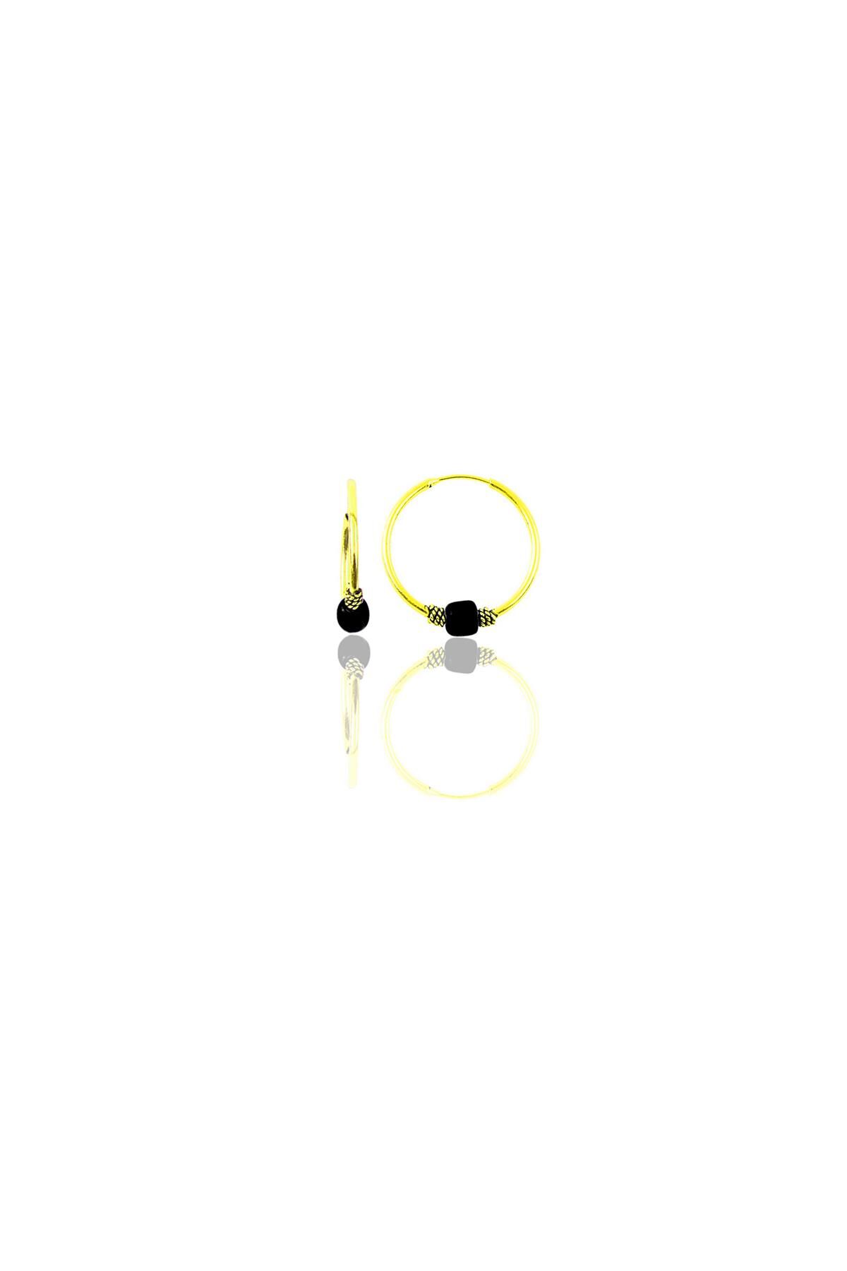 Gümüş altın yaldızlı 12 mm mini  siyah taşlı halka küpe SGTL11284GOLD