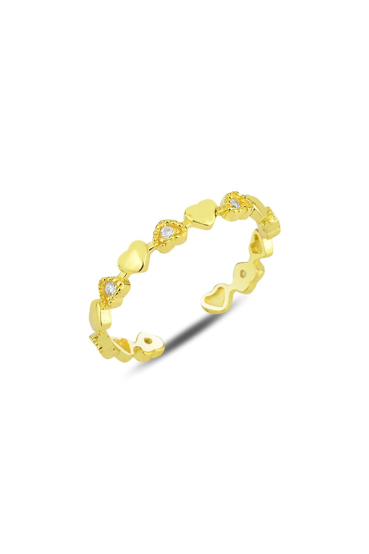 Gümüş altın yaldızlı zirkon taşlı birleşen kalpler ayarlamalı yüzük SGTL12173GOLD