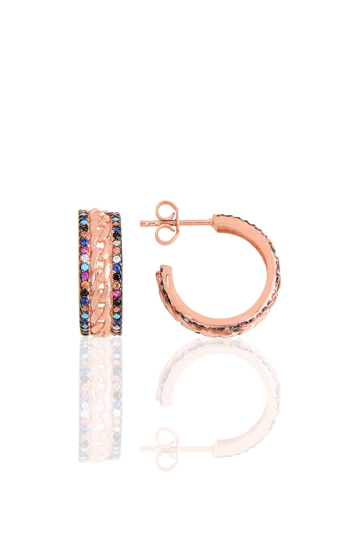 Gümüş rose renkli  zirkon taşlı örgü modeli halka küpe SGTL11483MIX
