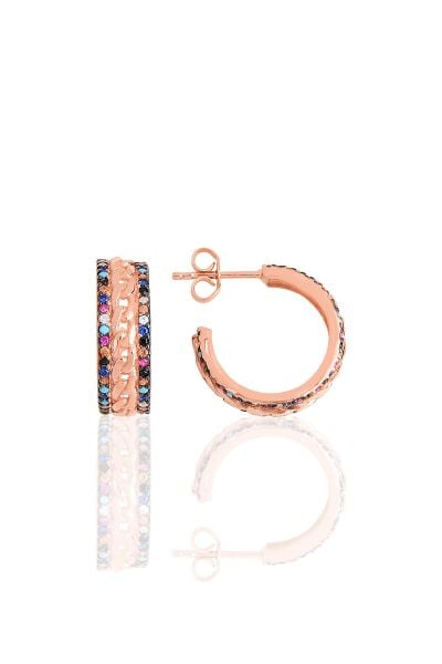 Gümüş rose renkli  zirkon taşlı örgü modeli halka küpe SGTL11483MIX
