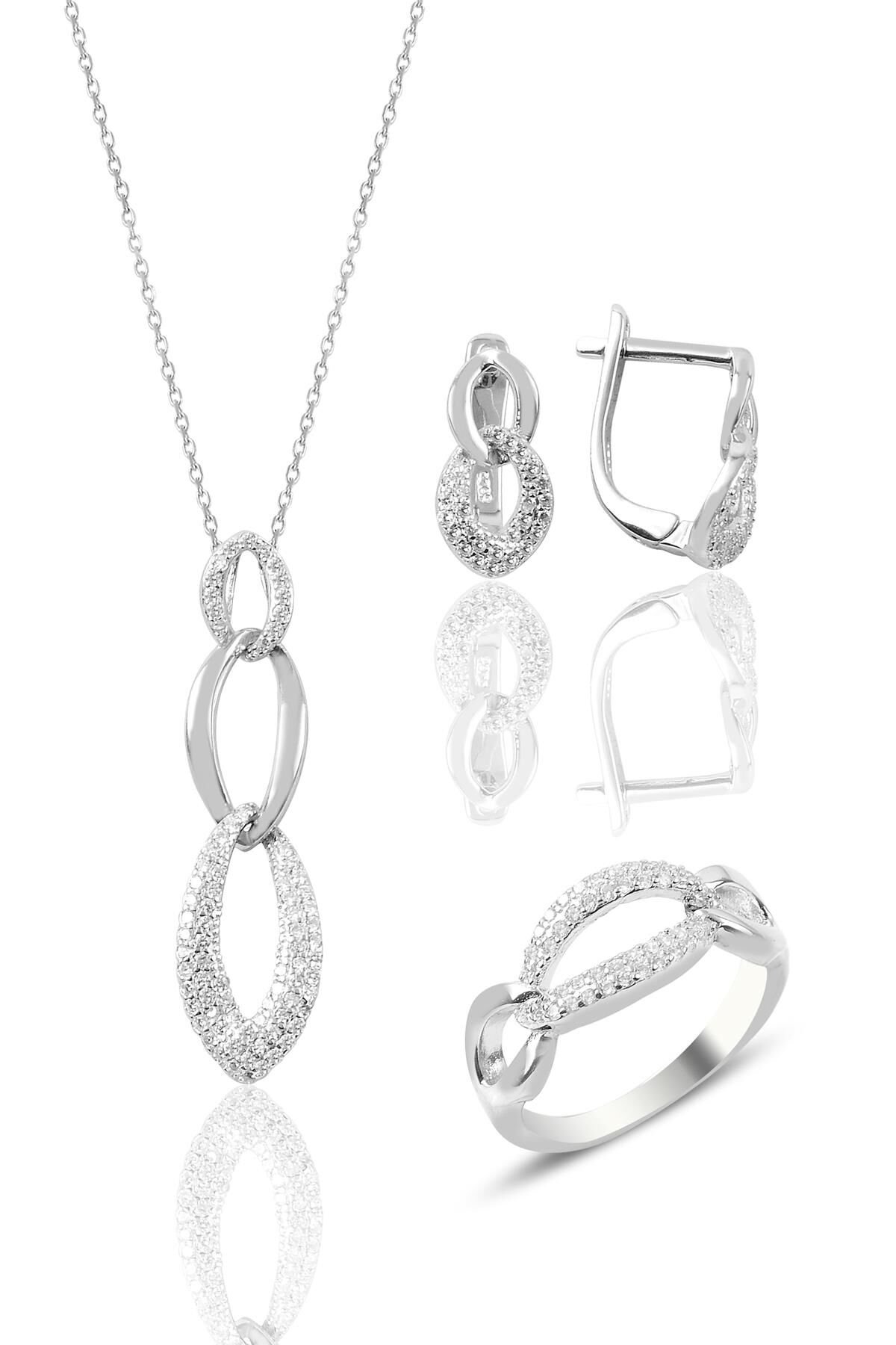 Gümüş zincir modeli zirkon taşlı üçlü set SGTL9078