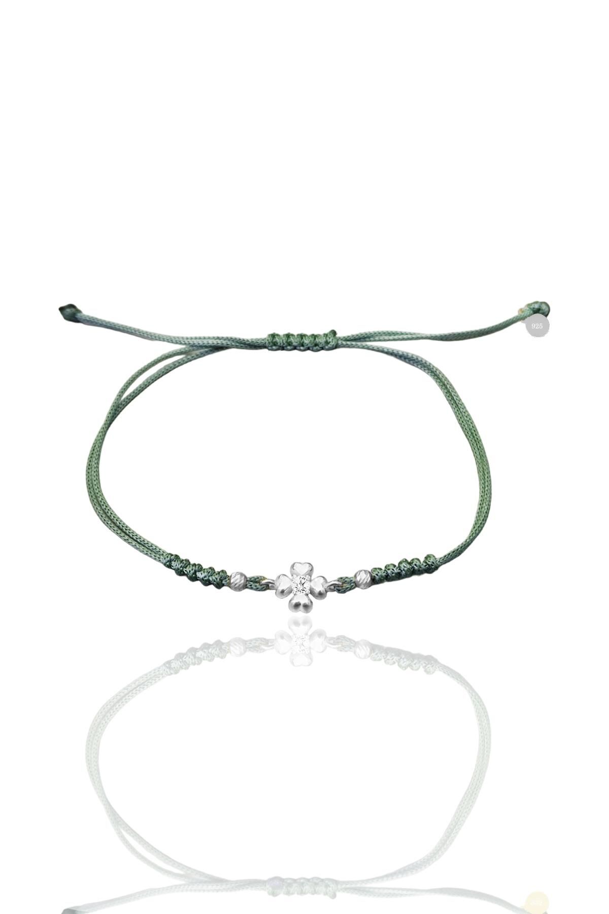 Gümüş rodyumlu zirkon taşlı dorica toplu yeşil ipli yonca şans bileklik SGTL12524YESIL