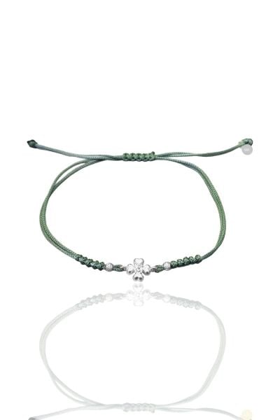 Gümüş rodyumlu zirkon taşlı dorica toplu yeşil ipli yonca şans bileklik SGTL12524YESIL
