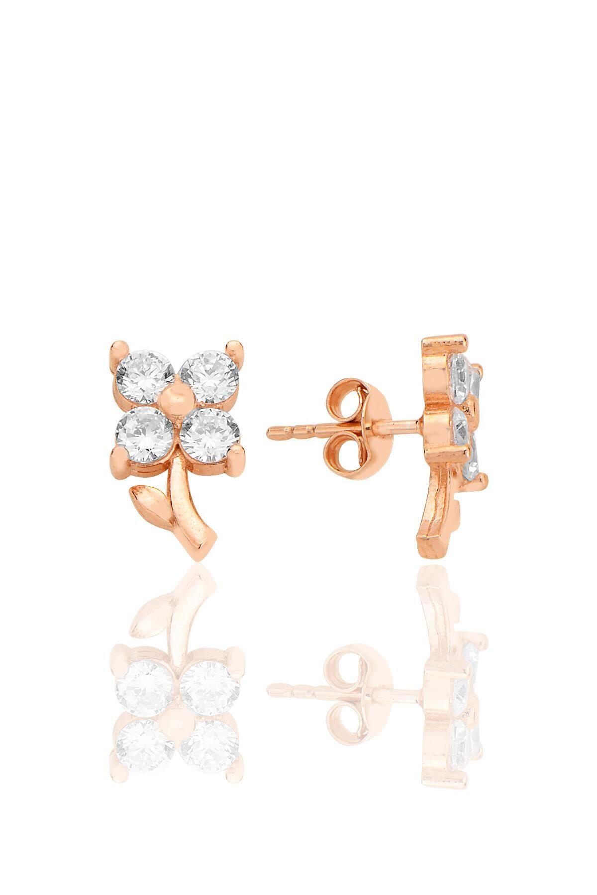 Gümüş rose zirkon taşlı şans çiçeği yonca küpe SGTL12623BEYAZ
