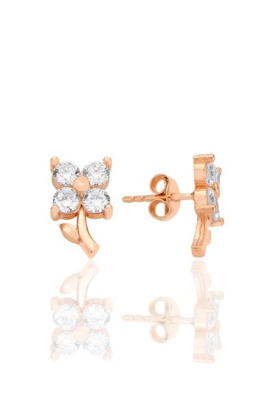 Gümüş rose zirkon taşlı şans çiçeği yonca küpe SGTL12623BEYAZ