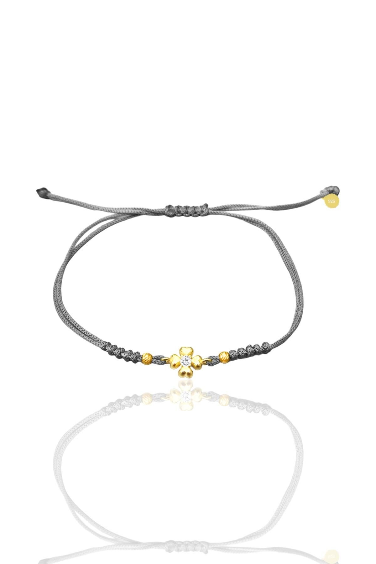 Gümüş altın yaldızlı zirkon taşlı dorica toplu gri ipli yonca şans bileklik SGTL12523GRI