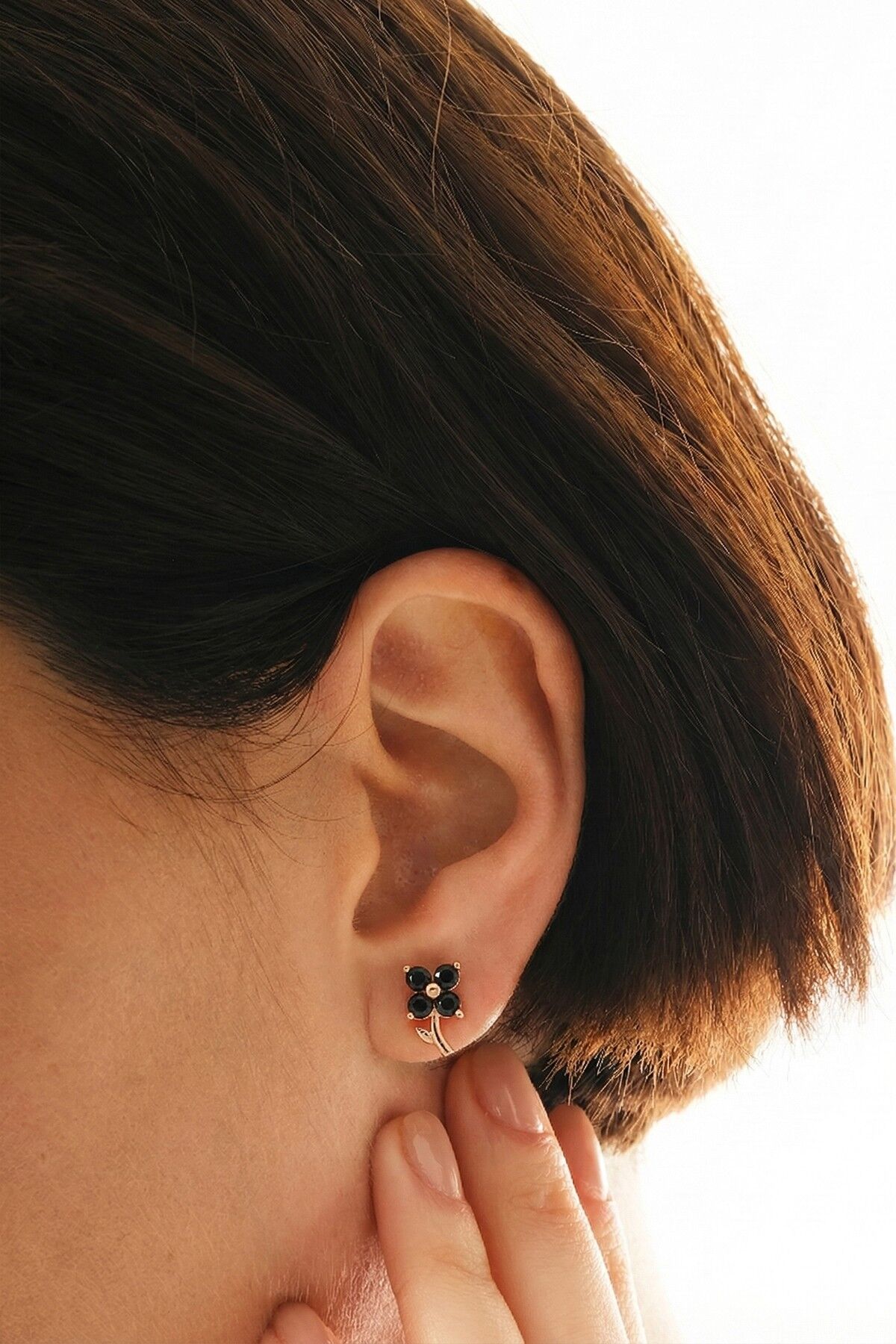 Gümüş rose onix taşlı şans çiçeği yonca küpe SGTL12623SIYAH