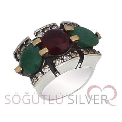 kök yakut,kök zümrüt ve zirkon taşlı otantik yüzük yuzuk8072