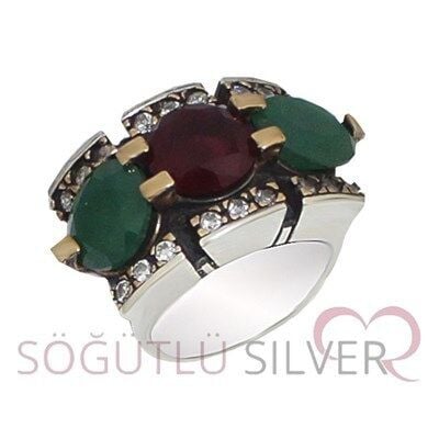 kök yakut,kök zümrüt ve zirkon taşlı otantik yüzük yuzuk8072