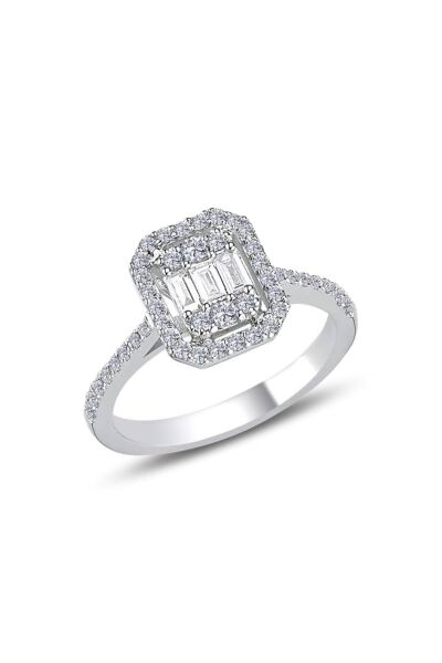 Gümüş beyaz altın rodyumlu baget kesim zirkon taşlı çizgili yüzük SGTL11577BEYAZ