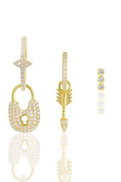 Gümüş altın yaldızlı zirkon taşlı kilit kombin küpe SGTL11904GOLD