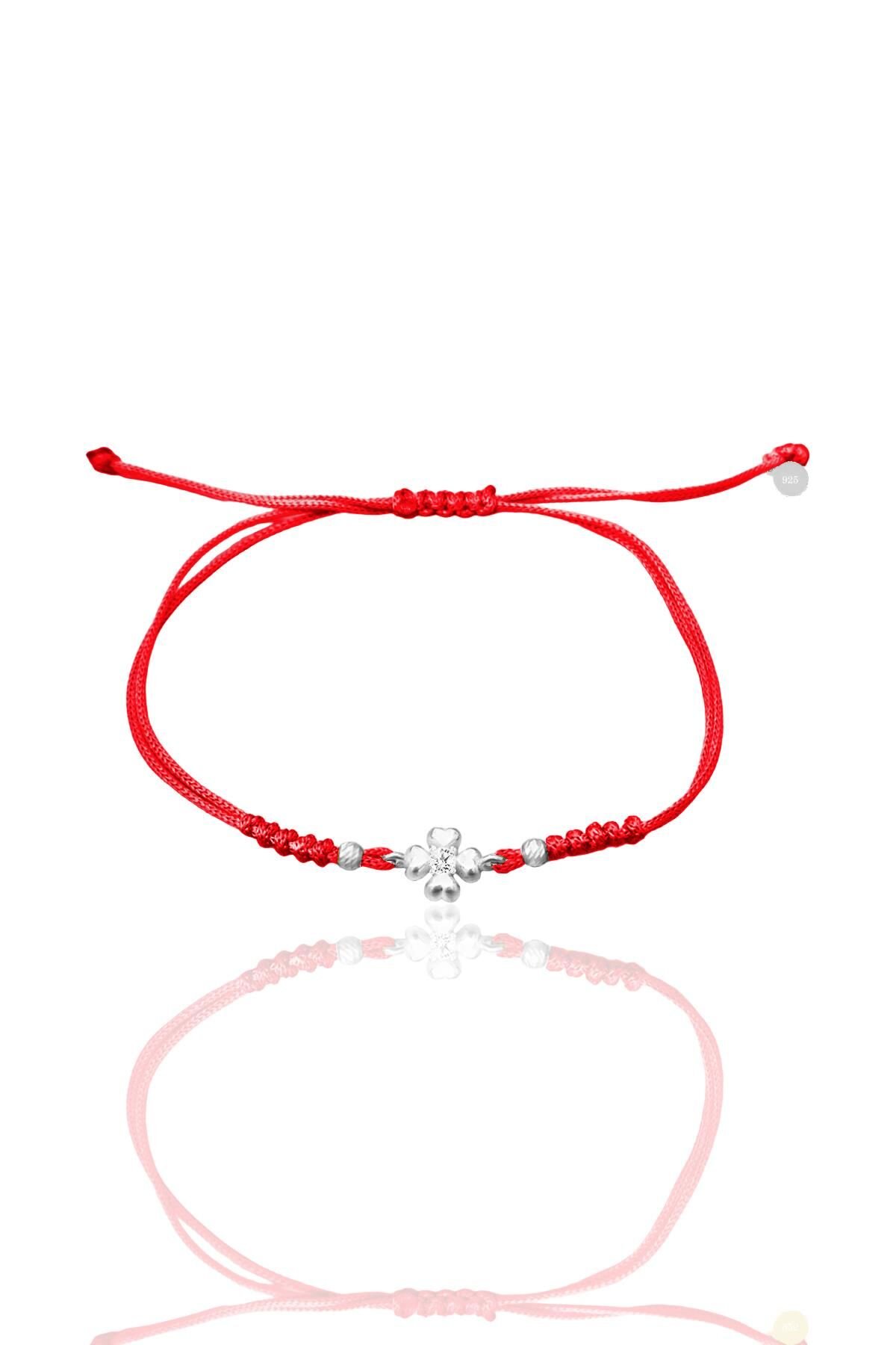 Gümüş rodyumlu zirkon taşlı dorica toplu kırmızı ipli yonca şans bileklik SGTL12524KIRMIZI