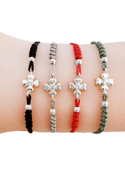 Gümüş rodyumlu zirkon taşlı dorica toplu kırmızı ipli yonca şans bileklik SGTL12524KIRMIZI