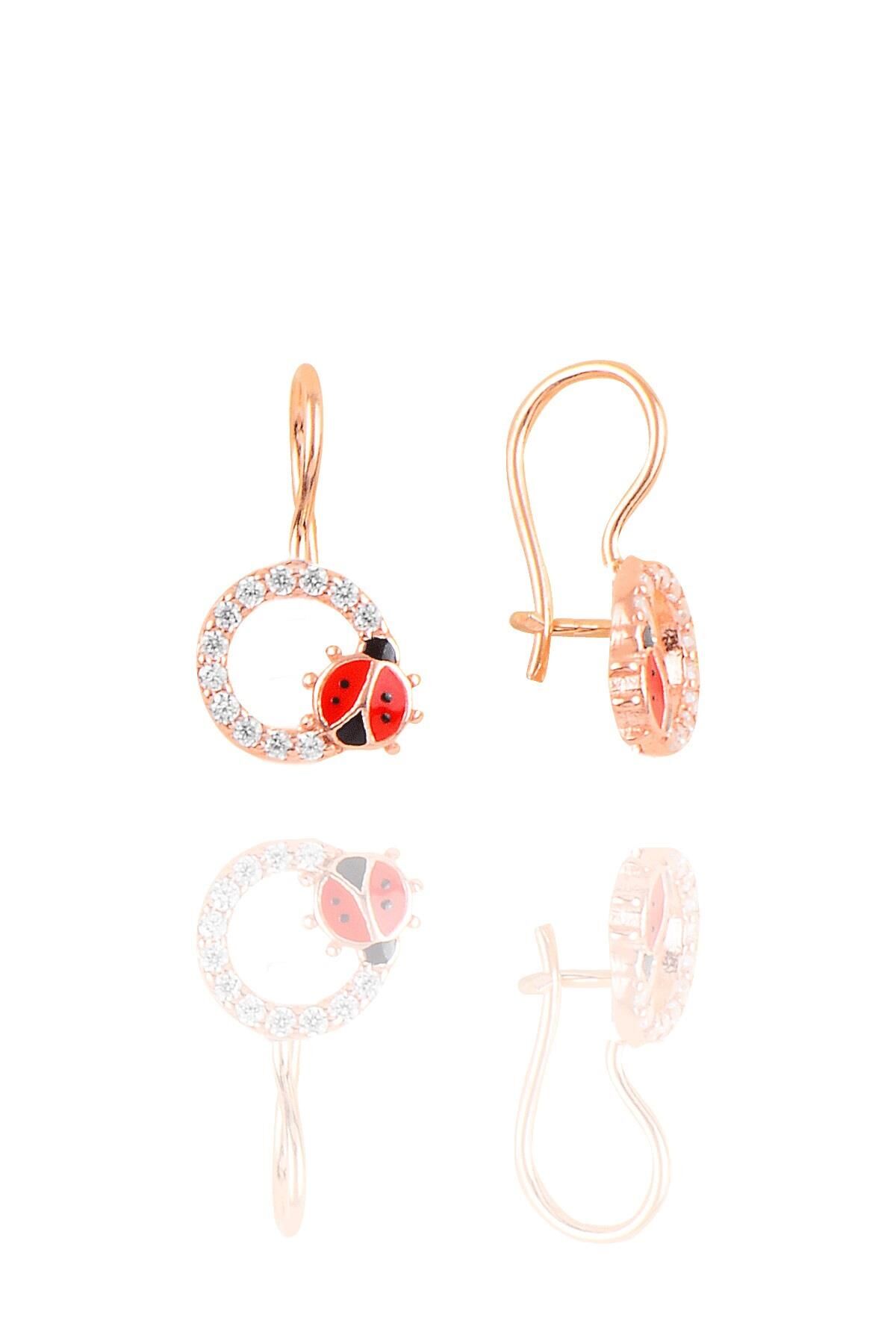 Gümüş rose mineli zirkon taşlı çengelli uğur böceği çocuk küpesi SGTL11480ROSE