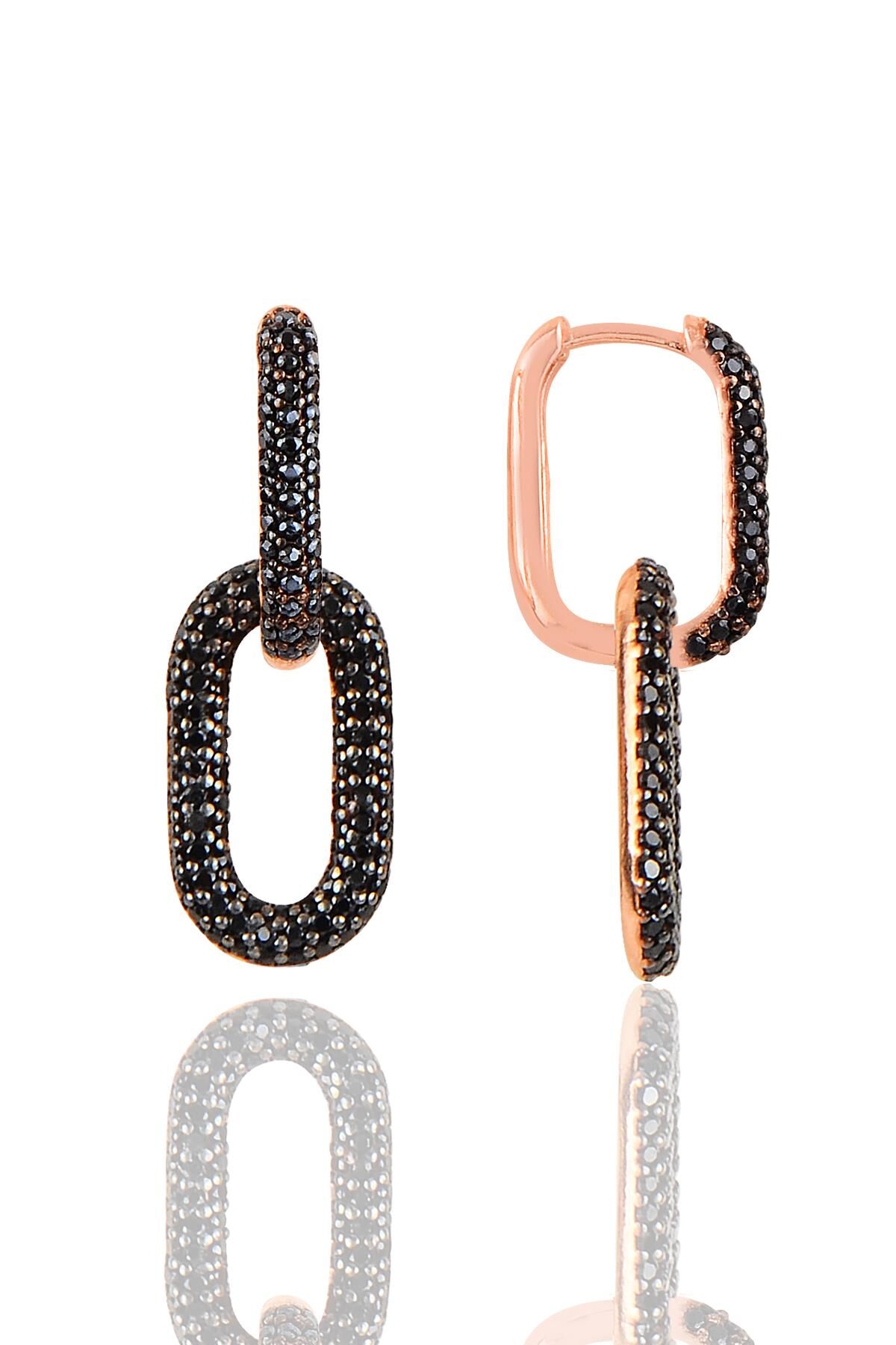 Gümüş rose siyah taşlı sallantılı trend küpe SGTL12113SIYAH