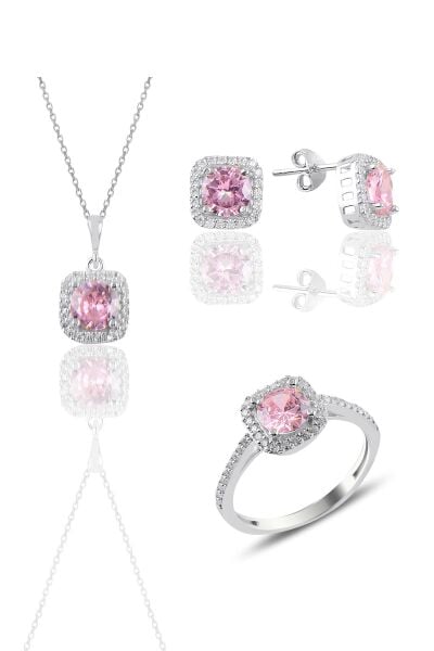 Gümüş rodyumlu pembe taşlı kare üçlü set SGTL10762PEMBE