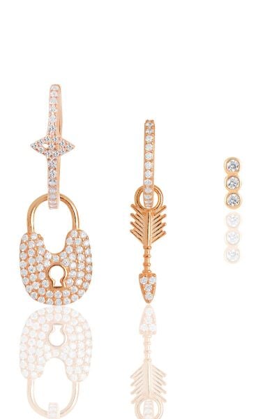 Gümüş rose zirkon taşlı kilit kombin küpe SGTL11904ROSE