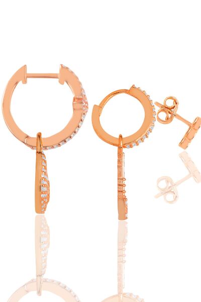 Gümüş rose zirkon taşlı kilit kombin küpe SGTL11904ROSE