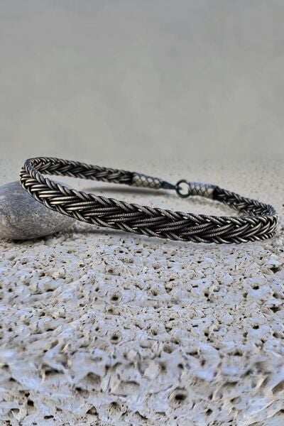 Gümüş tamamen el işçiliği kazaziye işlemeli örgülü erkek bileklik SGTL11985